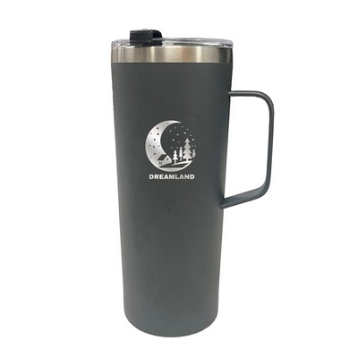 Sutton 20oz stainless steel double wall mug matte grey with push on lid with straw - Etched