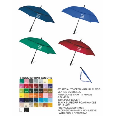 60" Arc Auto Open Vented Golf Umbrella Assorted Prepack Colors