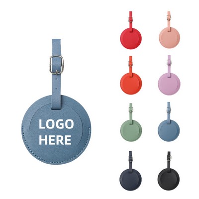 Round PU Leather Luggage Tag w/ Cover&Adjustable Lanyard
