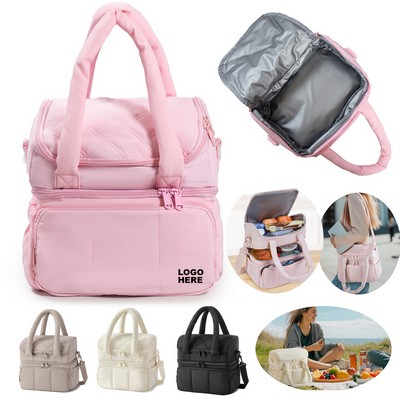 Custom Travel Picnic Cooler Tote Quilted Puffer Double-Deck Lunch Bag for School Office