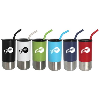 18 Oz. Double Wall Plastic Lined Tumbler w/Silicone Tip Stainless Steel Straw