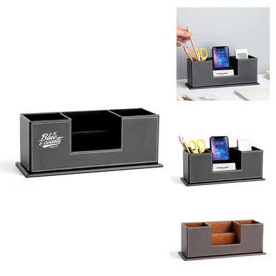 Leather Desktop Organizer with Dual Pen Holder