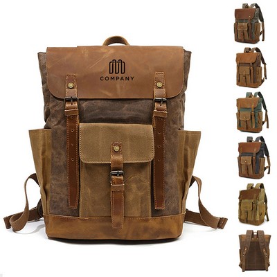Vintage Waxed Canvas Rucksack Leather Backpack for Men