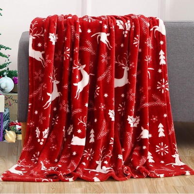 Custom Full Color Festive Reindeer Flannel Fleece Blanket - Holiday Soft Throw