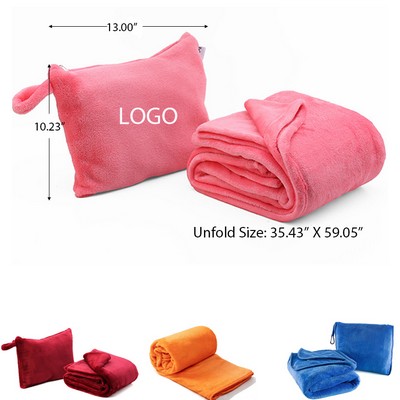 Travel Portable Flannel Blanket with Zippered Carry Pouch & Pillow Function