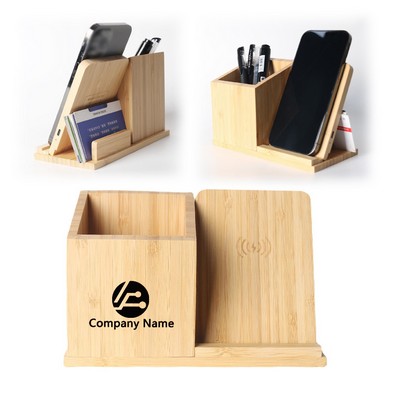 Bamboo Pen Holder Wireless Charger With Mobile Phone Stand