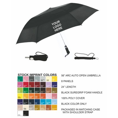 56" Arc Auto Open, Manual Close Folding Vented Umbrella With Case