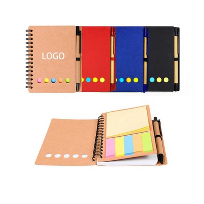 Spiral Kraft Paper Cover Journal Notebook with Pen Holder and Sticky Notes